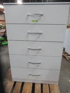 lot 215 image: 5-Drawer White Chest of Drawers - Functional. Crack on RH SIDE PANEL. Scratch and Dent.