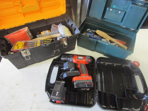 lot 338 image: BLACK & DECKER CORDLESS DRILL AND TOOL BOXES WITH ASSORTED HAND TOOLS