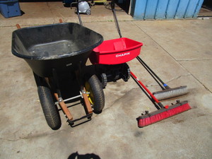 lot 428 image: WHEEL BARROW,  FERTILIZER SPREADER, BROOMS