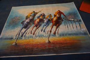 lot 98 image: Large Canvas Horse Racing Themed PaintingPrint
