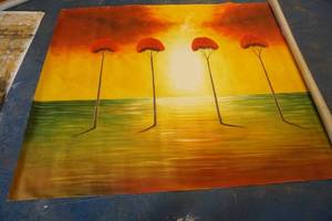 lot 97 image: Large Canvas Tropical Sunset Themed Painting