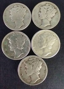 5 90% Silver Mercury Dimes