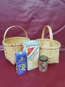 lot 23 image: 2 baskets old tins and marbles