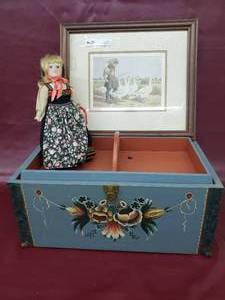 lot 27 image: painted chest  scan-doll made in Willmar MN and picture