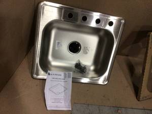 lot 17 image: Glacier Bay Drop-In Stainless Steel 25 in. 4-Hole Single Bowl Kitchen Sink, Silver (customer return) (see pictures)  