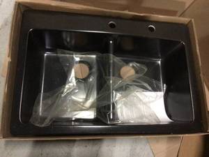 lot 33 image: Waterbrook Dual Mount Composite Granite 33 in. 2-Hole Double Bowl Kitchen Sink in Black (customer return) (see pictures) 