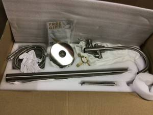 lot 55 image: 1-Handle Freestanding Floor Mount Tub Faucet Bathtub Filler with Hand Shower in Brush Nickel by AKDY (customer return) (see pictures) 