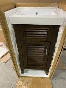 lot 114 image: Digby 18 in. W x 14 in. D Bath Vanity in Rustic Walnut with Ceramic Vanity Top in White with White Basin by Home Decorators Collection Customer Returns See Pictures