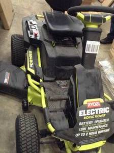 RYOBI 38-inch 75 Ah Battery Electric Rear Engine Riding Lawn Mower used in working conditions missing batterry Charger