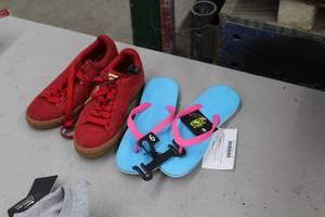 lot 368 image: Puma Shoes Red Size 6-12, Flip Flops PinkBlue Size 6