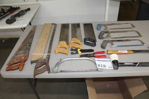 lot 818 image: Lot of (13) Hand Tools  - Hammers, Hand Saws, Hack Saws, Tree Saw, Wire Strippers