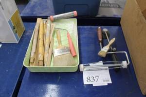 lot 837 image: Lot of Painting Supplies  - Rollers, Brushes, Extension Handles, Stir Sticks