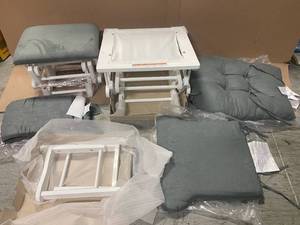 lot 103 image: Hoop Glider White with Gray Cushion Ottoman Set by Storkcraft Customer Returns See Pictures