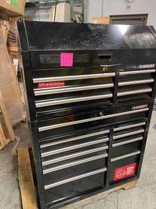 lot 106 image: 41 in. x 24.5 in D 16-Drawer Gloss Black Tool Chest and Cabinet Combo by Husky With key Scratches and Dents See Pictures