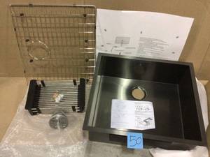 lot 50 image: AKDY Matte Black Stainless Steel 25 In. X 22 In. Single Bowl Undermount Kitchen Sink With Accessories (customer return) (see pictures) 