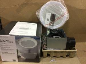 lot 71 image: Decorative White 80 CFM Ceiling Mount Bluetooth Stereo Speaker Bathroom Exhaust Fan with LED Light (customer return) (see pictures) 