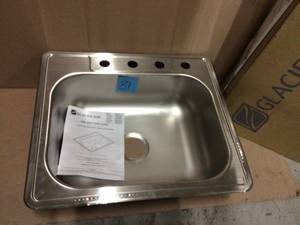lot 81 image: Glacier Bay Drop-In Stainless Steel 25 in. 4-Hole Single Bowl Kitchen Sink, Silver (customer return) (see pictures)  