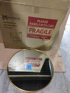 lot 99 image: Medium Round Gold Shelves & Drawers Modern Mirror (28 in. H x 28 in. W) (customer return) (see pictures) 