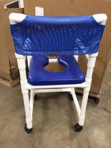 lot 5 image: MSRP $250 IPU Standard Line Open Front Soft Seat Shower Chair Commode - Backs Up Over The Toilet - You No Longer Have To  Transfer The Patient In The Confines Of The Bathroom Great Condition