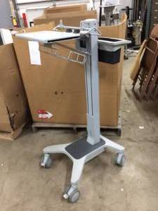 lot 36 image: WOW MSRP $1500 Ergotron Neo-Flex LAPTOP PLATFORM HEIGHT ADJUSTABLE SIT TO STAND WorkSpace Cart - GREAT CONDITION ELECTRONICS ETC NOT INCLUDED WITH ATTACHED BACK BASKET 