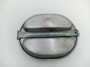 lot 05 image: Vintage US Leyse 1943 WWII Mess Kit With Silverware (fork, knife, and spoon) Wrapped in WWII Parachute fabric