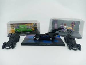 lot 06 image: 3 DC 143 Scale Batman Forever Movie car (2 for parts and customization), 1 Batman #37 (Jokermobile), & Batman Classic TV Series (Batgirl Bike)