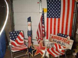 lot 119 image: American Pride Collection Flags, Stars, Chairs, Barnwood Sign, Uncle Sam