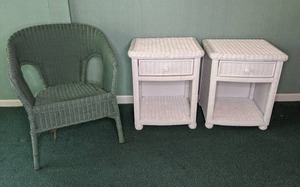 lot 57 image: Wicker Chair and (2) Matching Wicker Night Stands