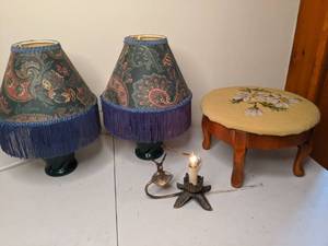 lot 43 image: (2) Fringed Table Lamps, Needlepoint Footstool, Hummingbird Light Fixture