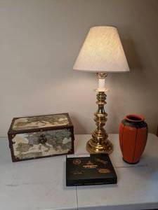 lot 44 image: Shiny Brass Table Lamp, (2) Decorative Boxes, Vase