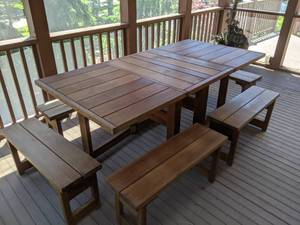 lot 1 image: Frontier Furnishings Wood Slatted Gateleg Folding Patio Table with (6) Benches