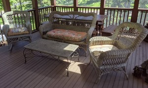 lot 2 image: Elegant Wicker Patio Set (Loveseat w Coffee Table, Rocker and Armchair)