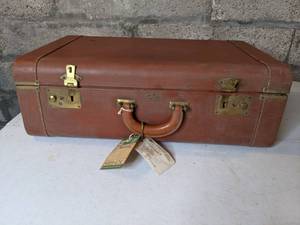 lot 162 image: Vintage Leather Travel Joy Suitcase with Purple Lining and Luggage Tags