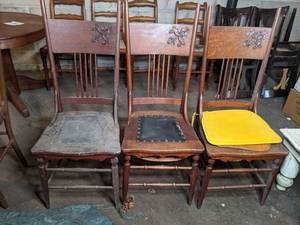 lot 146 image: Antique Hand Crafted Wood Chairs with Leather Seats