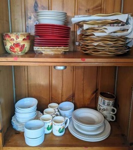 lot 14 image: Contents of Kitchen Cupboards Plates, Bowls, Mugs