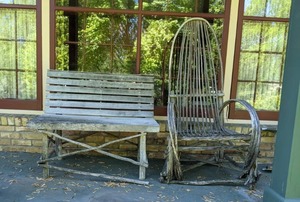 lot 29 image: Rustic Twig Adirondack Chair and Wood Bench