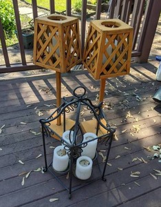 lot 66 image: (3) Large Outdoor Candle Holders Metal and Wood