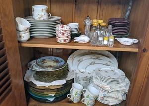 lot 11 image: Contents of Cupboard Beautiful China and Salt & Pepper Shakers