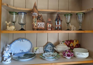 lot 20 image: Contents of Shelves Porcelain & Glass Servingware & Decor