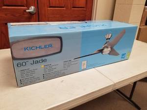 lot 357 image: Kichler Jade 60 Ceiling Fan Brushed Nickel with 3 Silver blades and Opaque White glass (new in box)