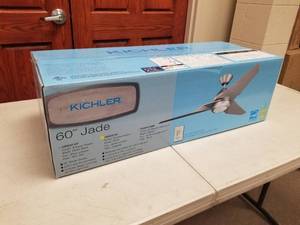 lot 358 image: Kichler Jade 60 Ceiling Fan Brushed Nickel with 3 Silver blades and Opaque White glass (new in box)