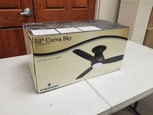 lot 366 image: Emerson Curva Sky 52 Ceiling Fan Brushed Steel with 3 All Weather blades (new in box)