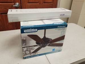 lot 374 image: Fanimation Distinction 54 Ceiling Fan Brushed Nickel with 5 ButtonwoodWalnut blades (new in box)