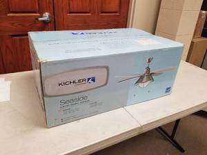 lot 375 image: Kichler Seaside 54 Ceiling Fan Brushed Nickel with 4 ABS Light Oak blades (new in box)