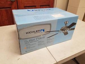 lot 376 image: Kichler Sutter Place 52 Ceiling Fan Satin Natural White with 5 Satin Natural White blades (new in box)