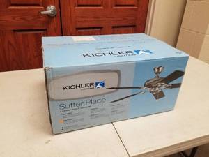 lot 377 image: Kichler Sutter Place 52 Ceiling Fan Satin Natural White with 5 Satin Natural White blades (new in box)