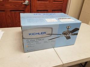 lot 378 image: Kichler Sutter Place 52 Ceiling Fan Satin Natural White with 5 Satin Natural White blades (new in box)