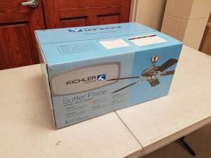 lot 380 image: Kichler Sutter Place 52 Ceiling Fan Antique Pewter with 5 CherryCherry blades (new in box)