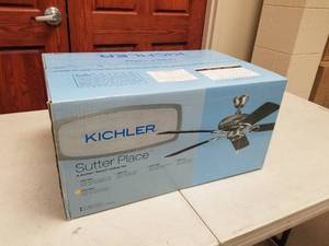 lot 381 image: Kichler Sutter Place 52 Ceiling Fan Satin Natural White with 5 Satin Natural White blades (new in box)