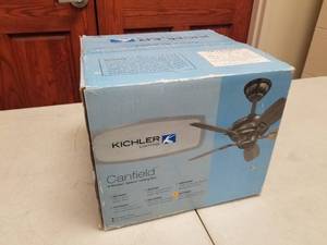 lot 382 image: Kichler Canfield 30 Ceiling Fan Brushed Stainless Steel with 5 Light OakMedium Oak blades (new in box)